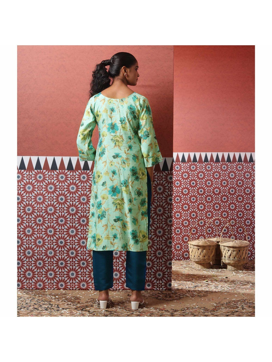 Turquoise Floral Foil Printed Modal Suit - Image 2