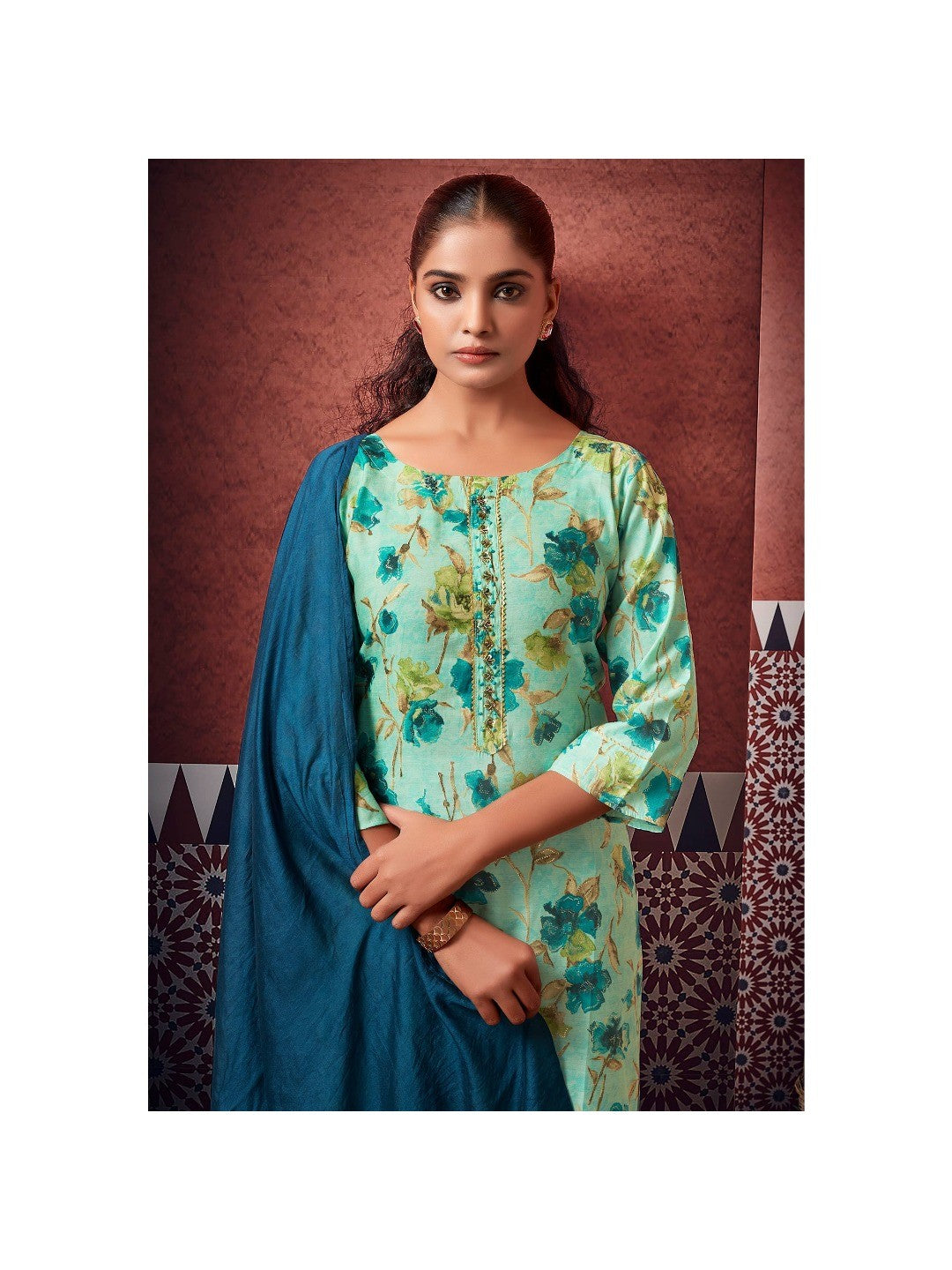 Turquoise Floral Foil Printed Modal Suit - Image 1