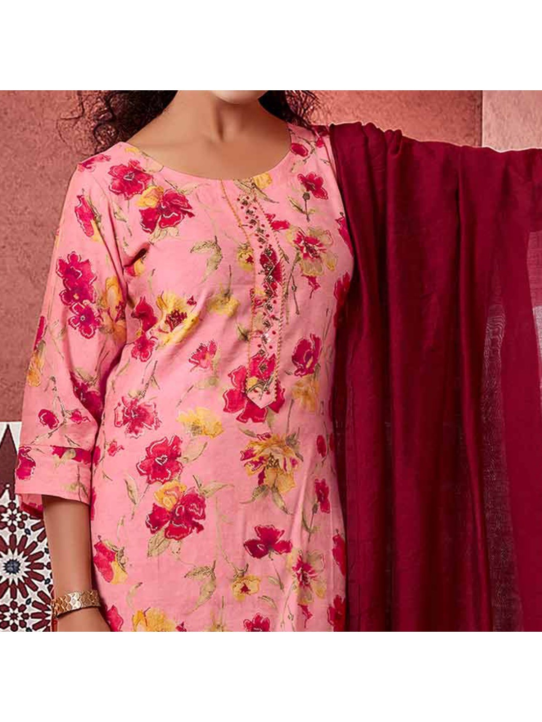 Pink Floral Foil Printed Modal Suit - Image 4