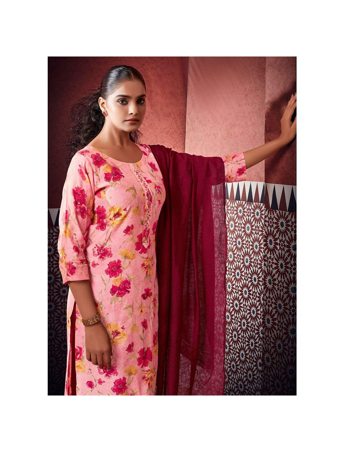 Pink Floral Foil Printed Modal Suit - Image 1