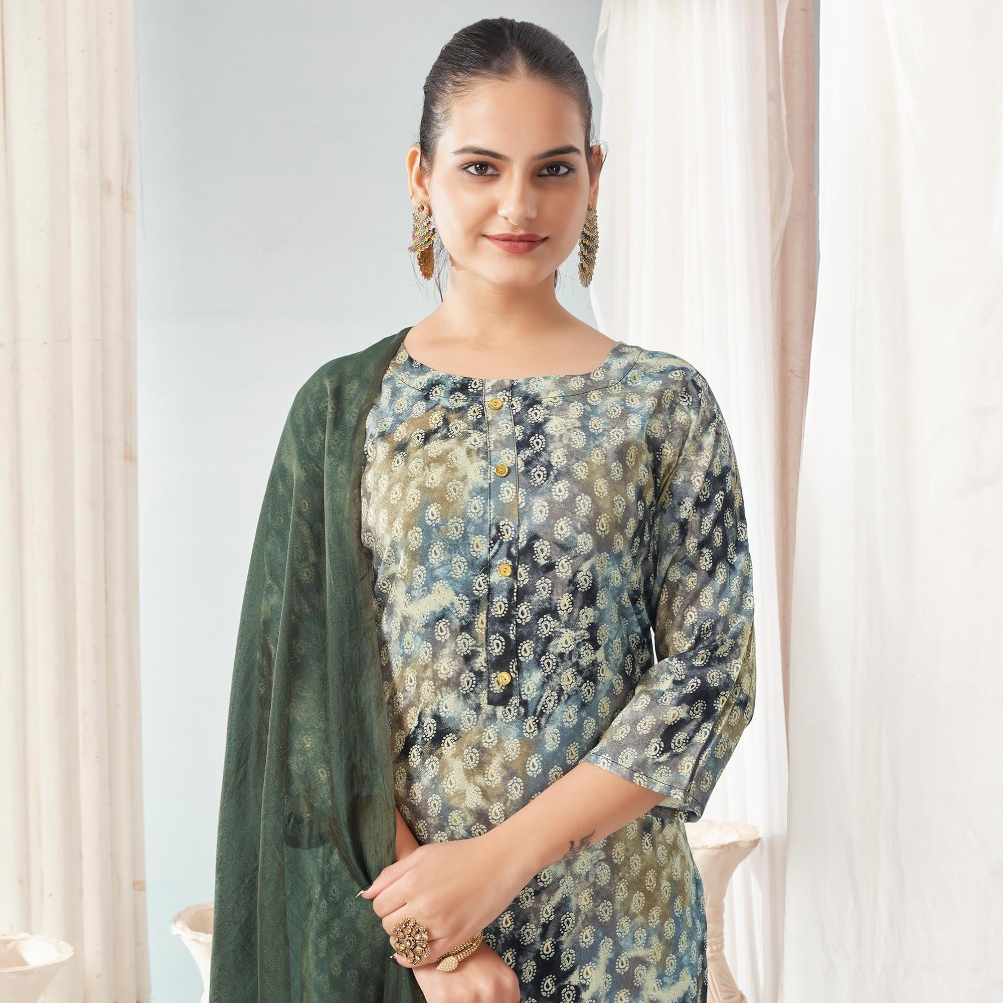 Grey Paisley Foil Printed Rayon Suit - Image 1