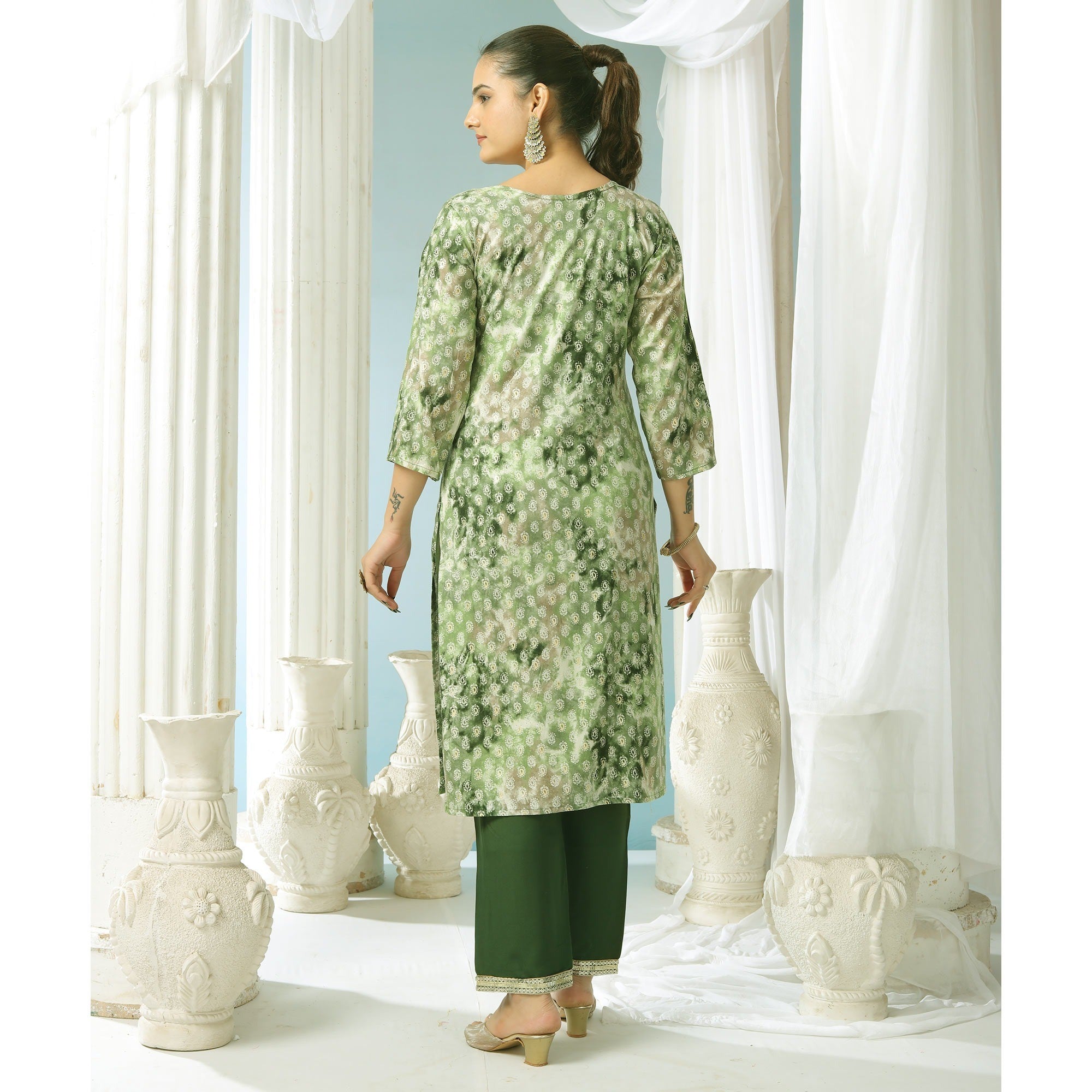Green Paisley Foil Printed Rayon Suit - Image 2
