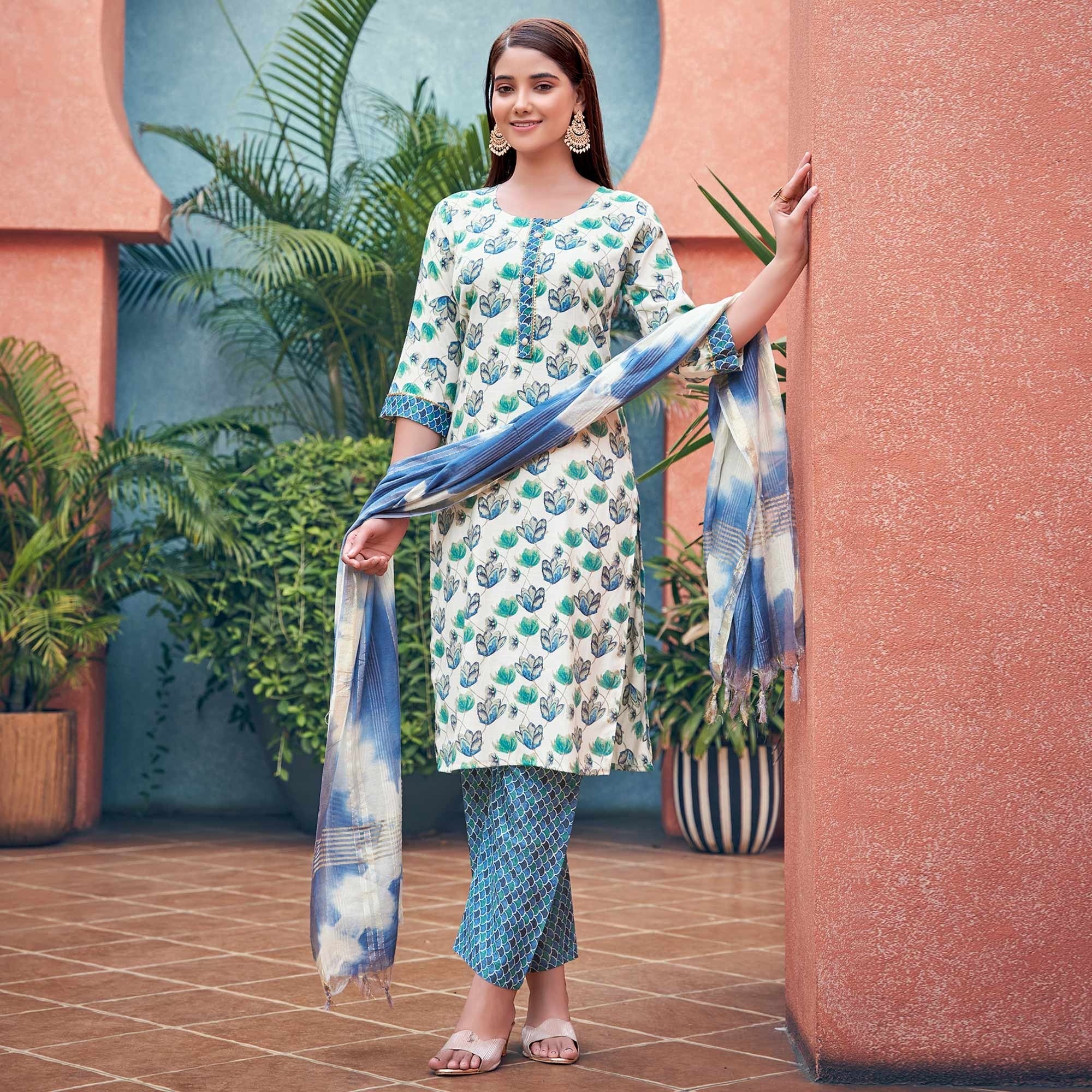 White & Blue Floral Foil Printed Pure Cotton Suit - Image 6
