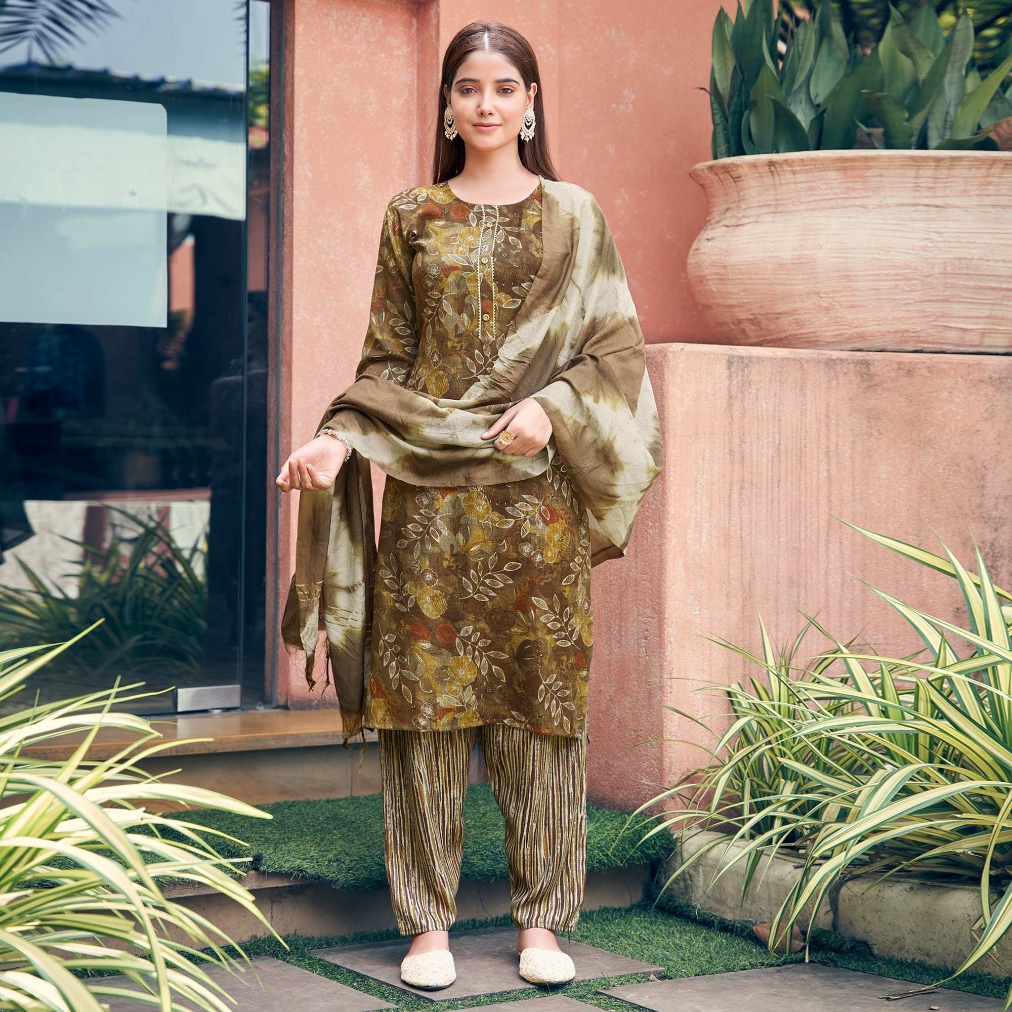 Brown Floral Foil Printed Rayon Suit - Image 6