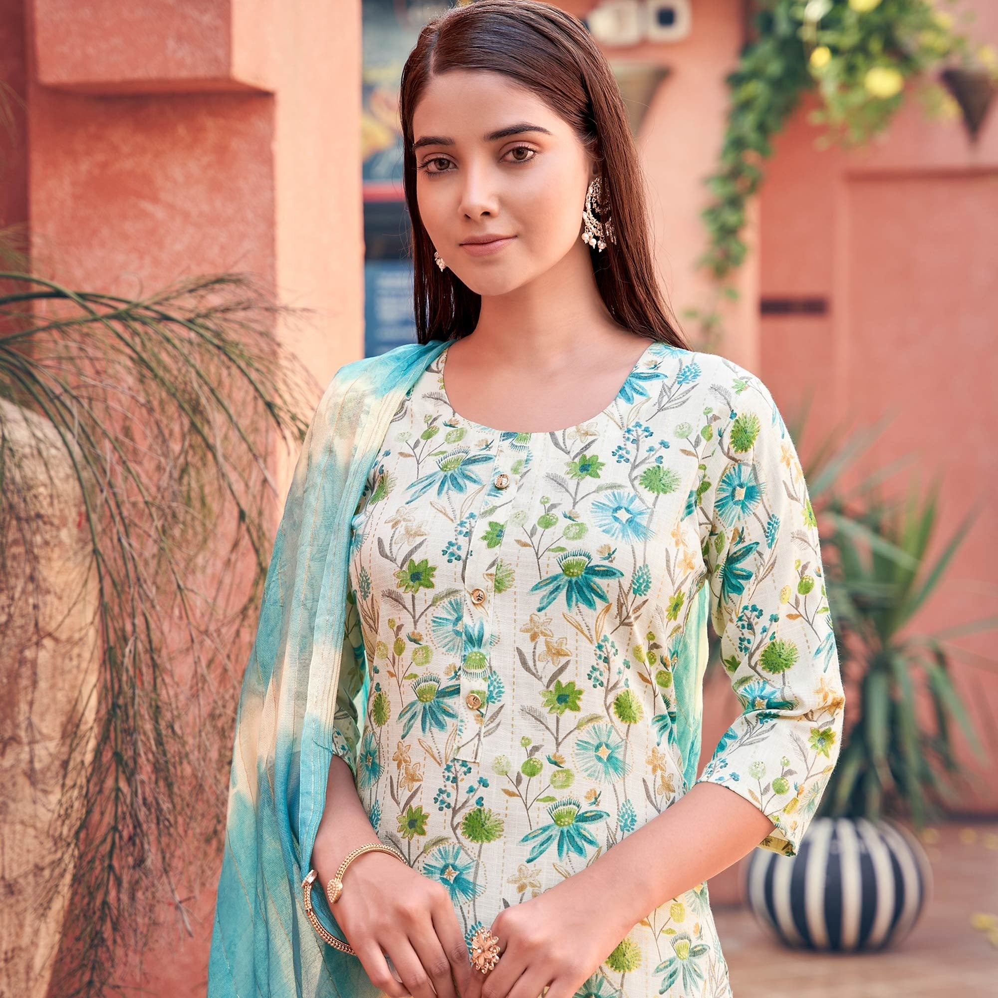 White & Turquoise Floral Foil Printed Rayon Suit - Image 1