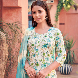 White & Turquoise Floral Foil Printed Rayon Suit - Image 1