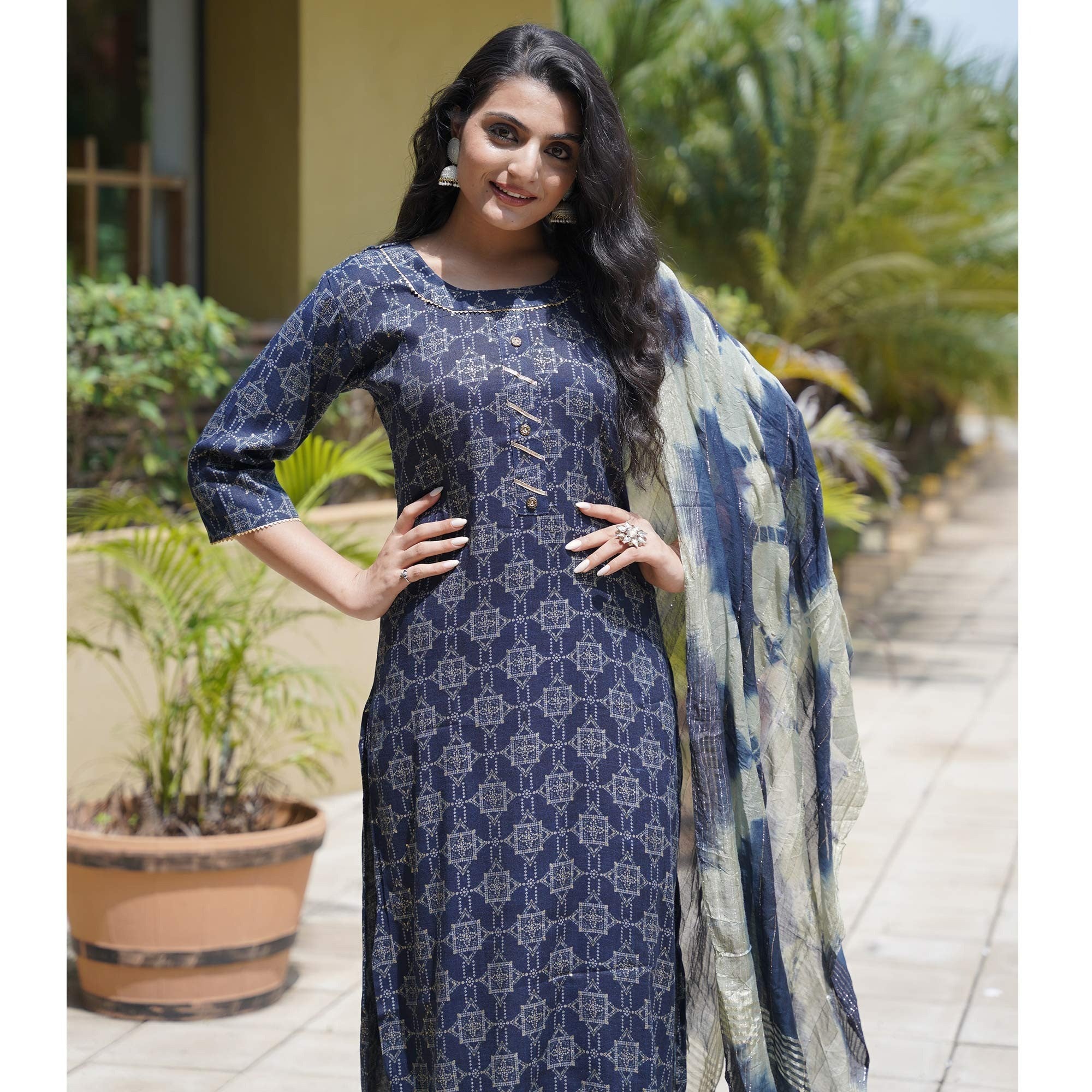 Blue Foil Printed Rayon Suit - Image 1