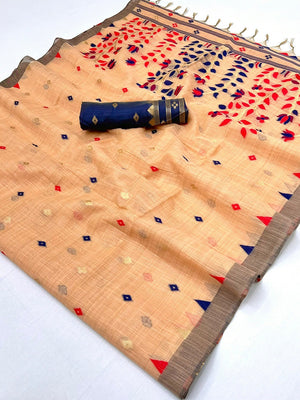 Elegant Orange Cotton Blend Saree with Geometric Woven Design in Jamdani Style - Image 2