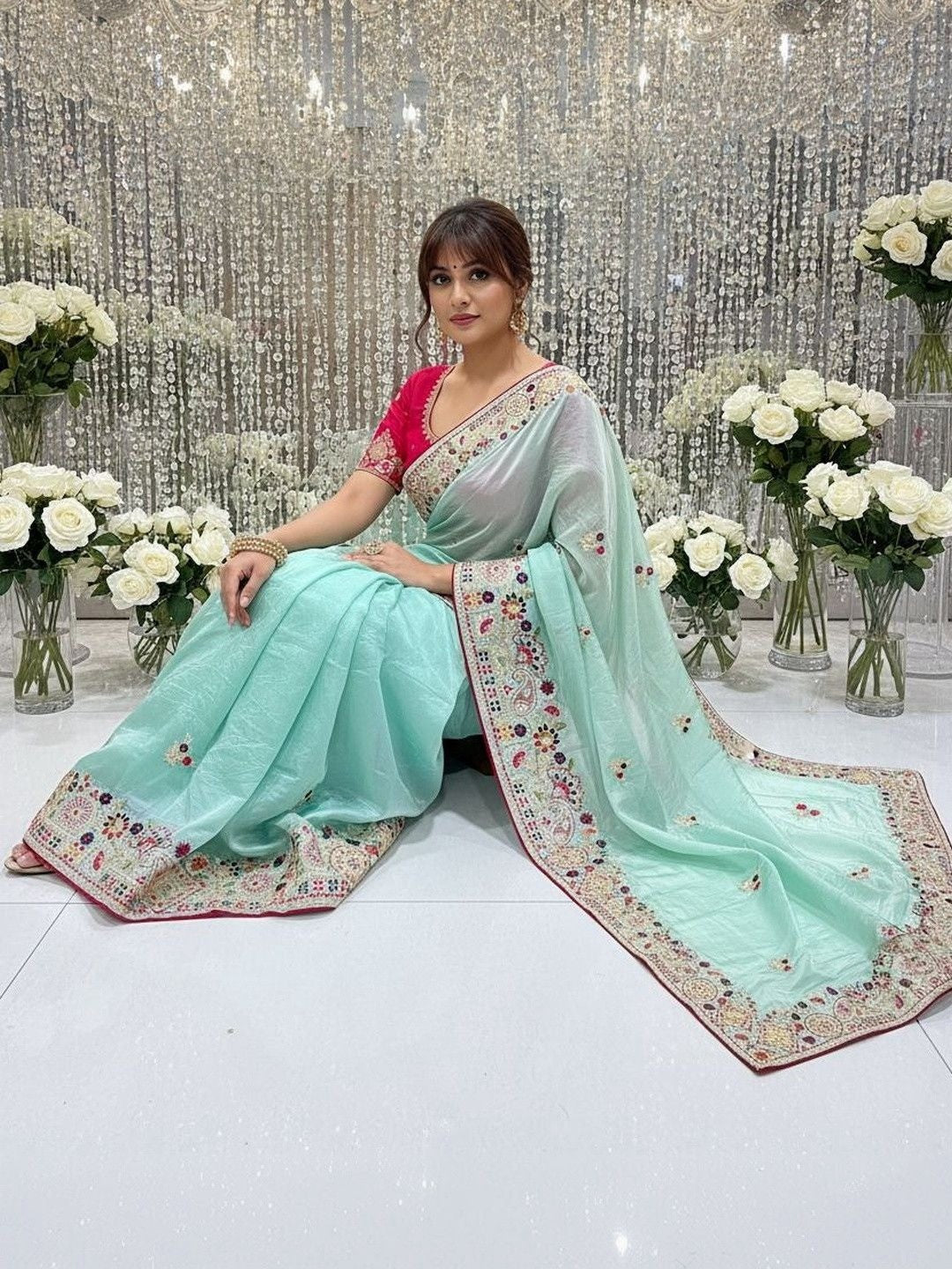 Aqua Blue Saree in Cotton Silk Fabric with Exquisite Floral Sequins Detailing - Image 2