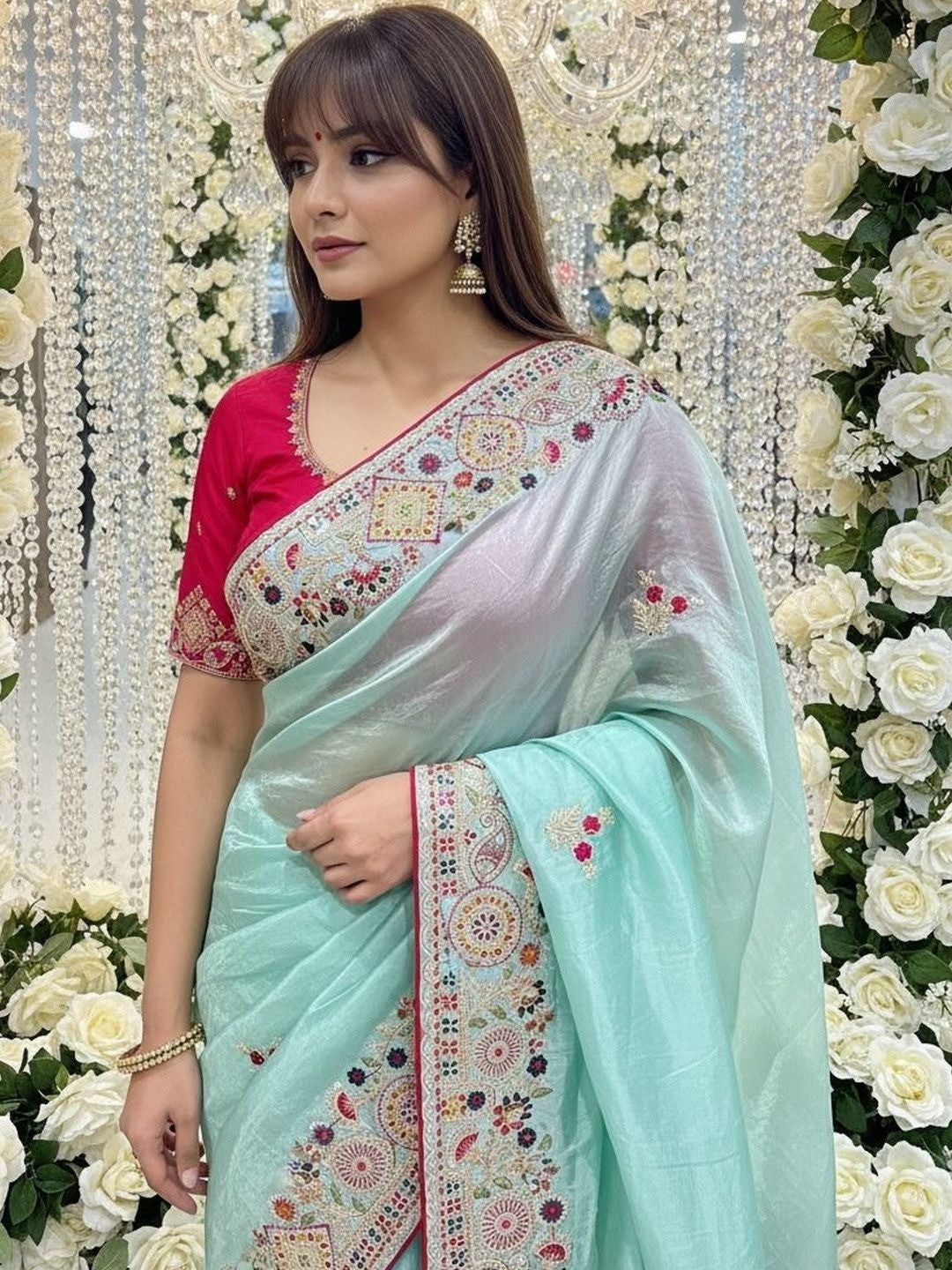 Aqua Blue Saree in Cotton Silk Fabric with Exquisite Floral Sequins Detailing - Image 1