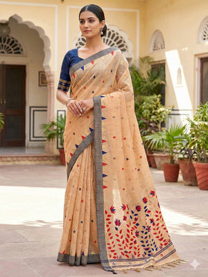 Elegant Orange Cotton Blend Saree with Geometric Woven Design in Jamdani Style - Image 1