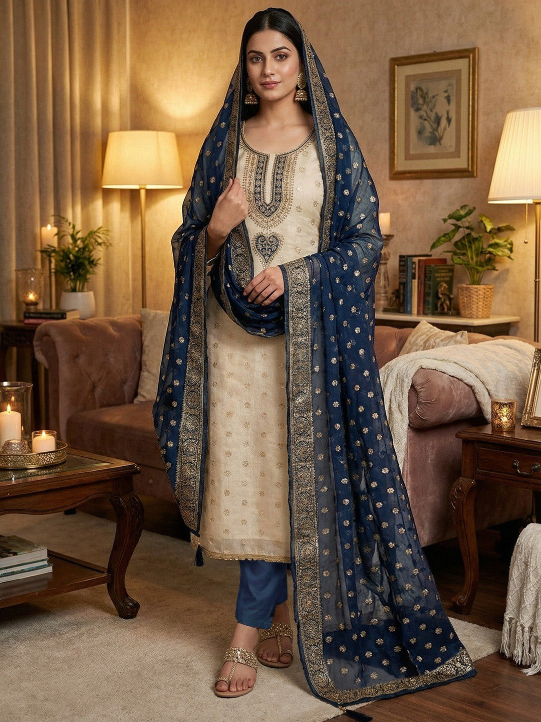 Cream & Blue Butti Weaving Shimmer Dress Material With Elegant Cording Embroidery Work On Neck - Image 1