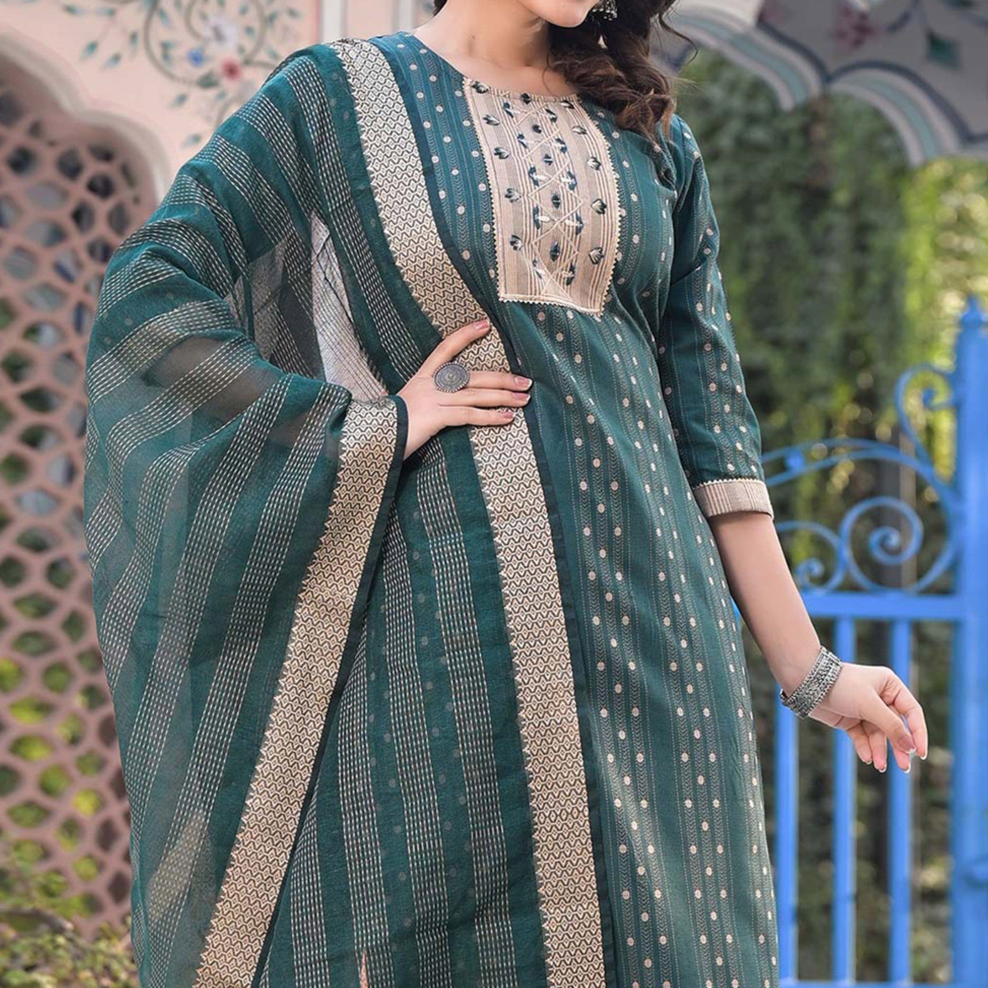 Green Woven Pure Cotton Straight Salwar Suit - Image 5