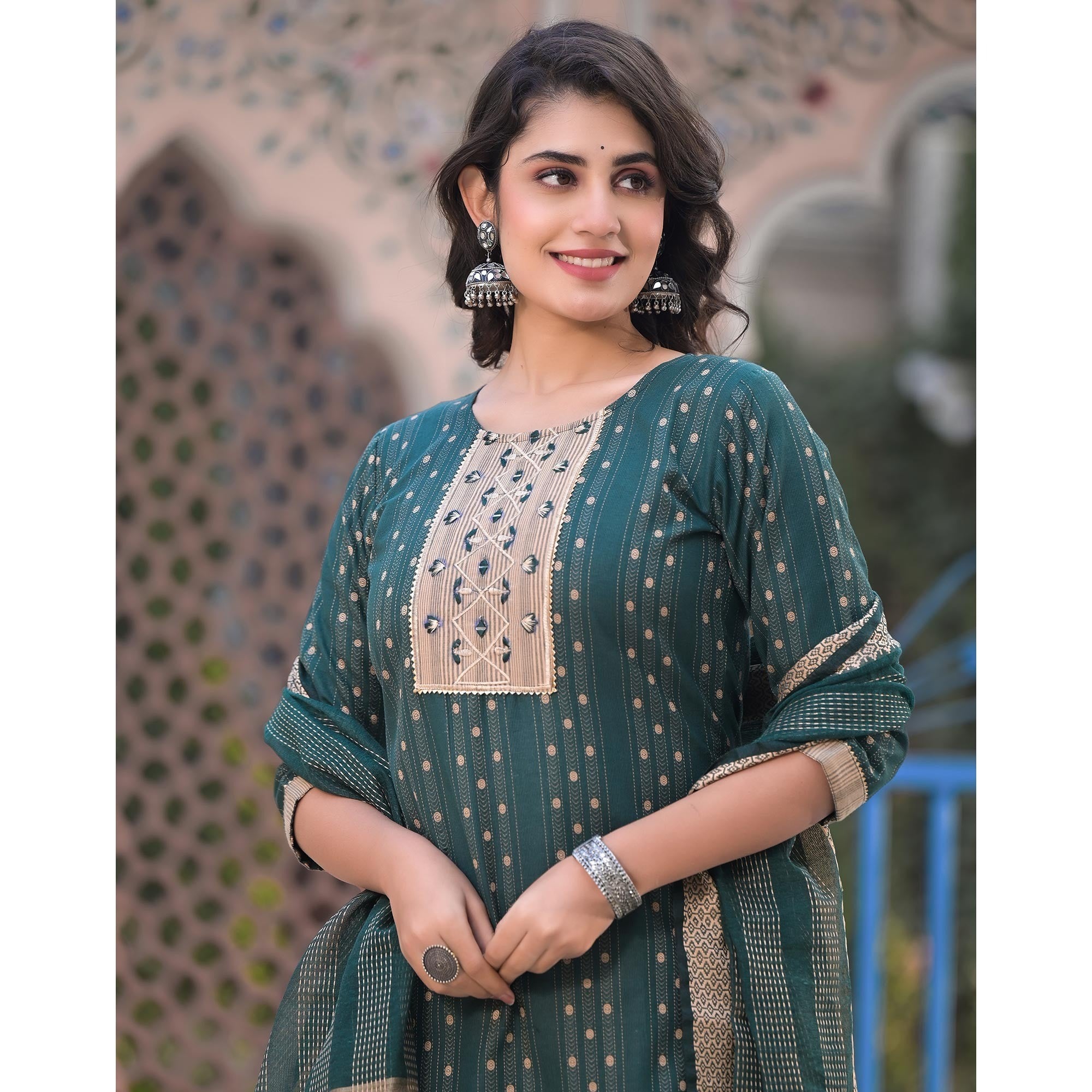 Green Woven Pure Cotton Straight Salwar Suit - Image 1