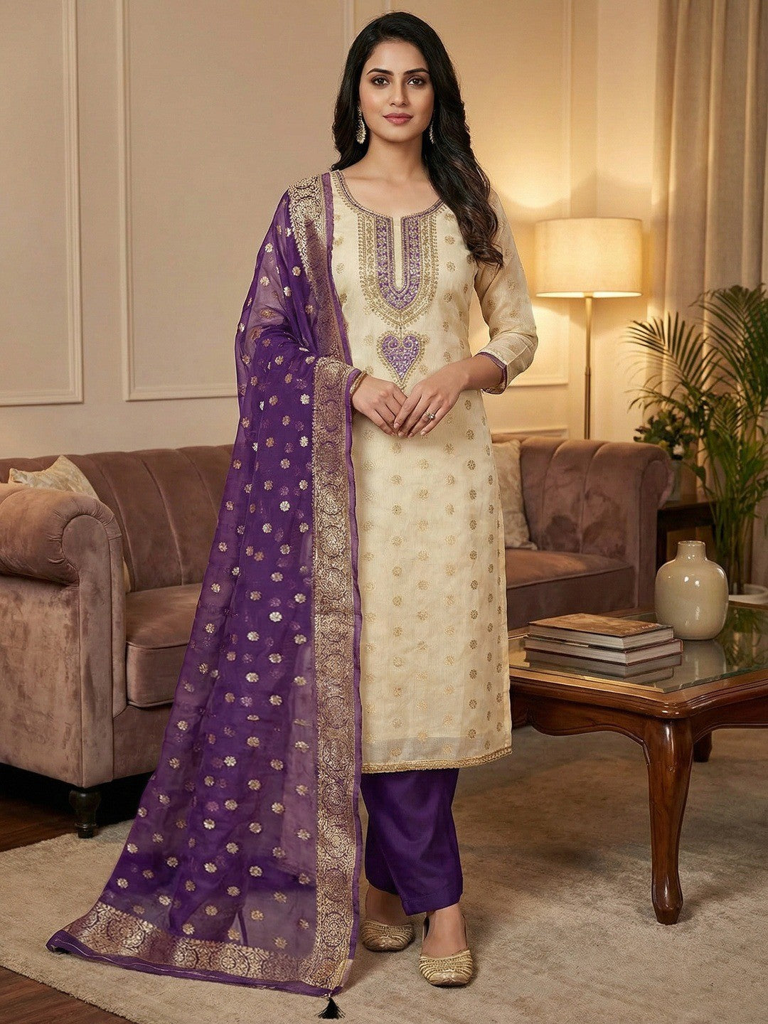 Cream & Purple Butti Weaving Shimmer Dress Material With Elegant Cording Embroidery Work On Neck - Image 1