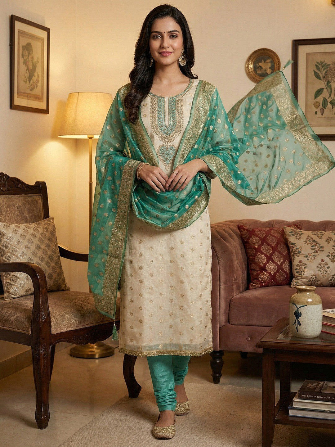 Cream & Turquoise Butti Weaving Shimmer Dress Material With Elegant Cording Embroidery Work On Neck - Image 1