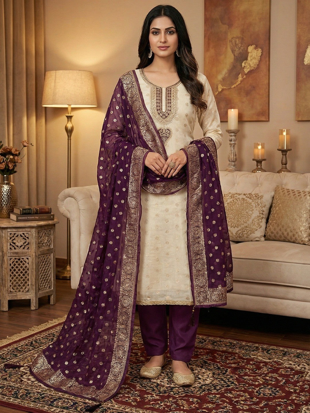 Cream & Wine Butti Weaving Shimmer Dress Material With Elegant Cording Embroidery Work On Neck - Image 1