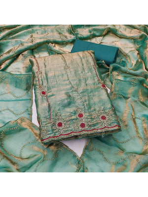 Graceful Turquoise Floral Beads Embroidery Work Fendy Silk Blend Dress Material - Image 2