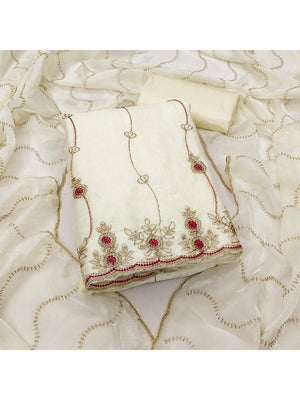 Graceful Cream Floral Beads Embroidery Work Fendy Silk Blend Dress Material - Image 2