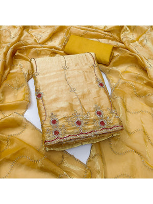 Graceful Mustard Floral Beads Embroidery Work Fendy Silk Blend Dress Material - Image 1