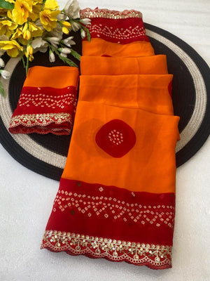 Radiant Orange Bandhani Printed Georgette Saree With Cording & Sequins Embroidered Lace Border - Image 2