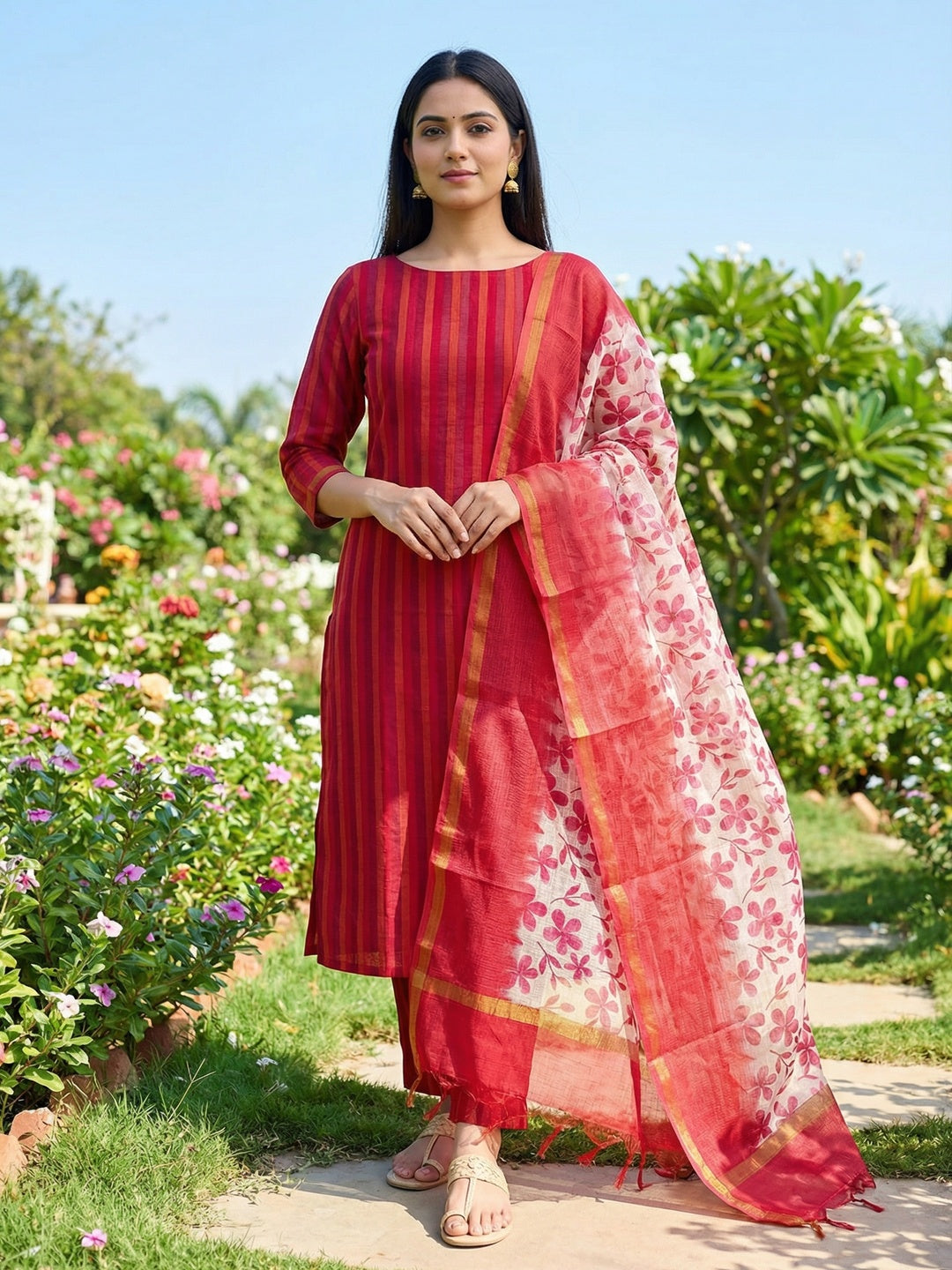 Red Striped Printed Linen Unstitched Dress Material with Dupatta - Image 1