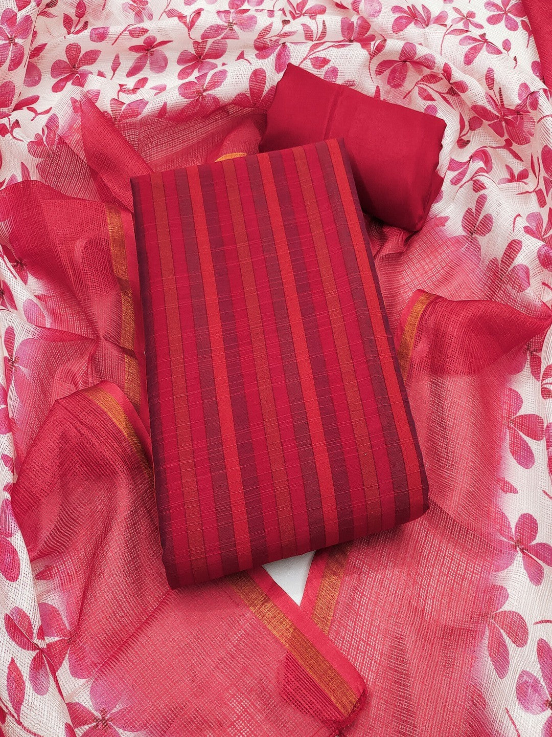 Red Striped Printed Linen Unstitched Dress Material with Dupatta - Image 4