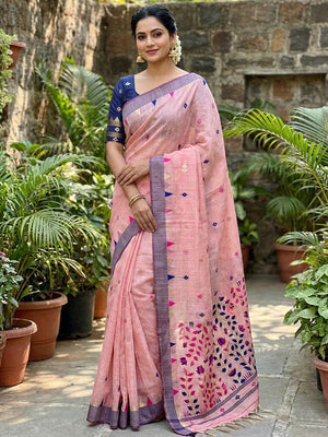 Elegant Pink Cotton Blend Saree with Geometric Woven Design in Jamdani Style - Image 1