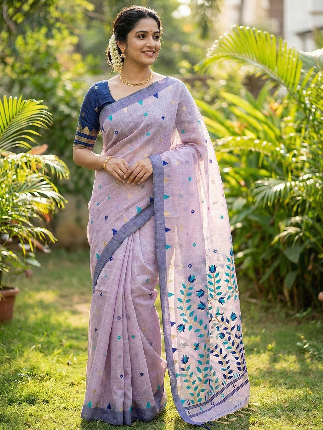 Elegant Lavender Cotton Blend Saree with Geometric Woven Design in Jamdani Style - Image 1