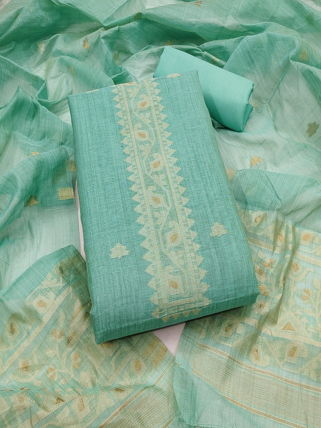 Sea Green Chanderi Cotton Dress Material Featuring Detailed Woven Design - Image 2