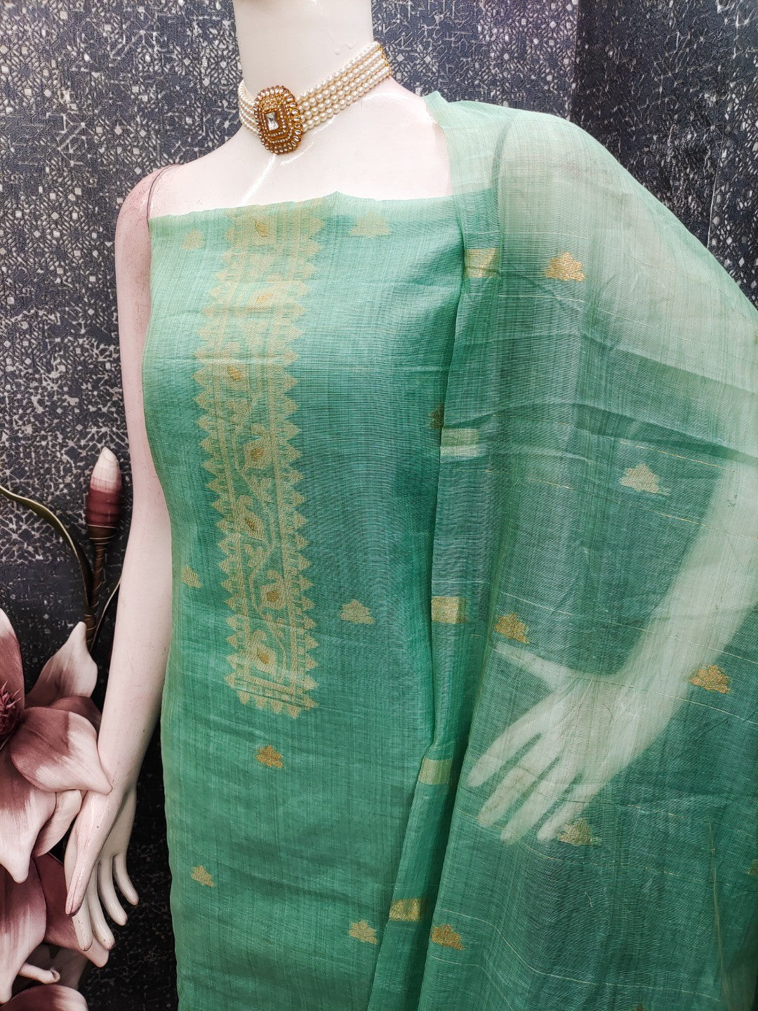 Sea Green Chanderi Cotton Dress Material Featuring Detailed Woven Design - Image 4