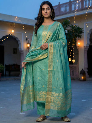 Sea Green Chanderi Cotton Dress Material Featuring Detailed Woven Design - Image 1
