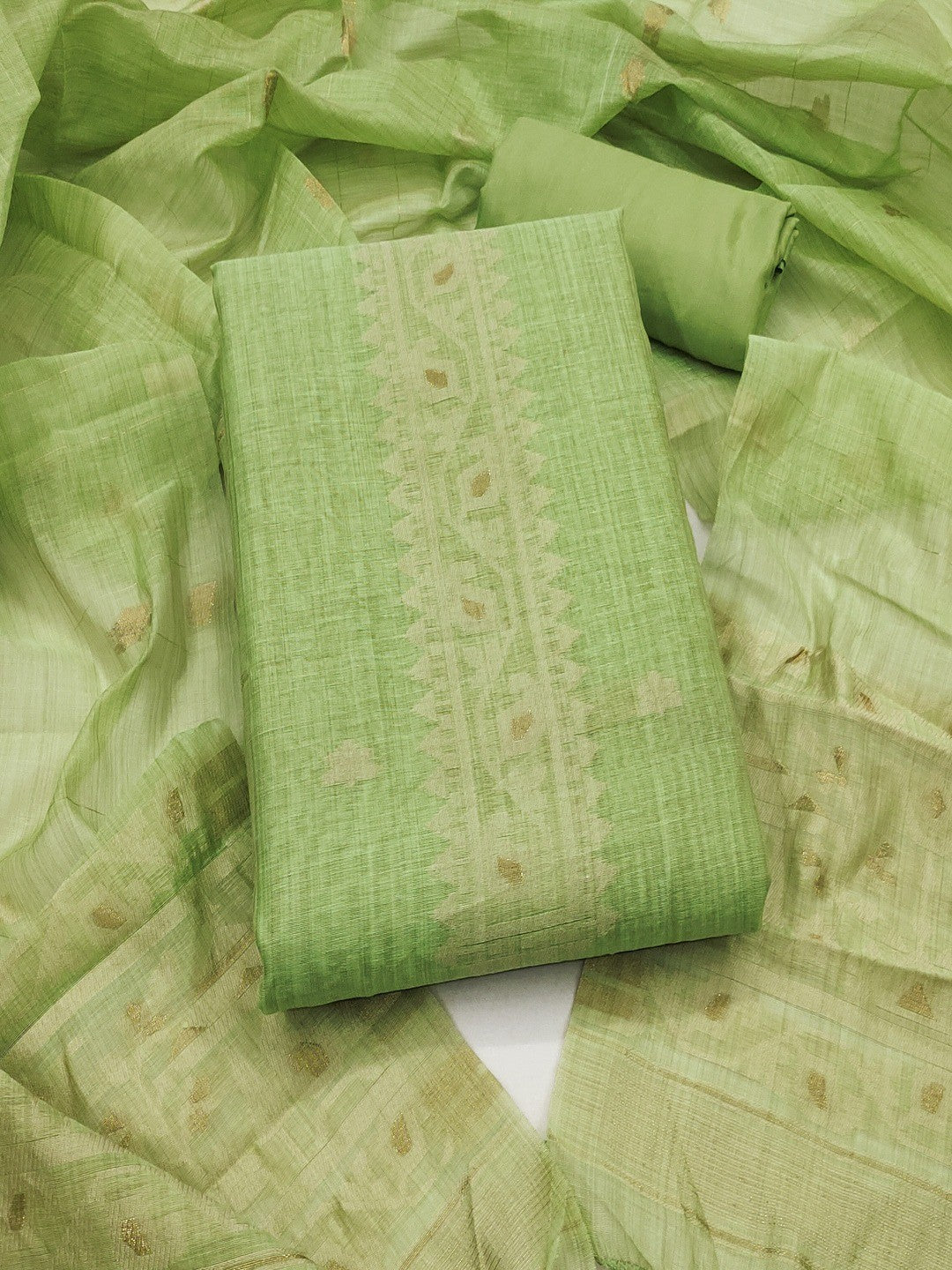 Green Chanderi Cotton Dress Material Featuring Detailed Woven Design - Image 2