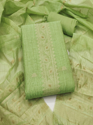 Green Chanderi Cotton Dress Material Featuring Detailed Woven Design - Image 2
