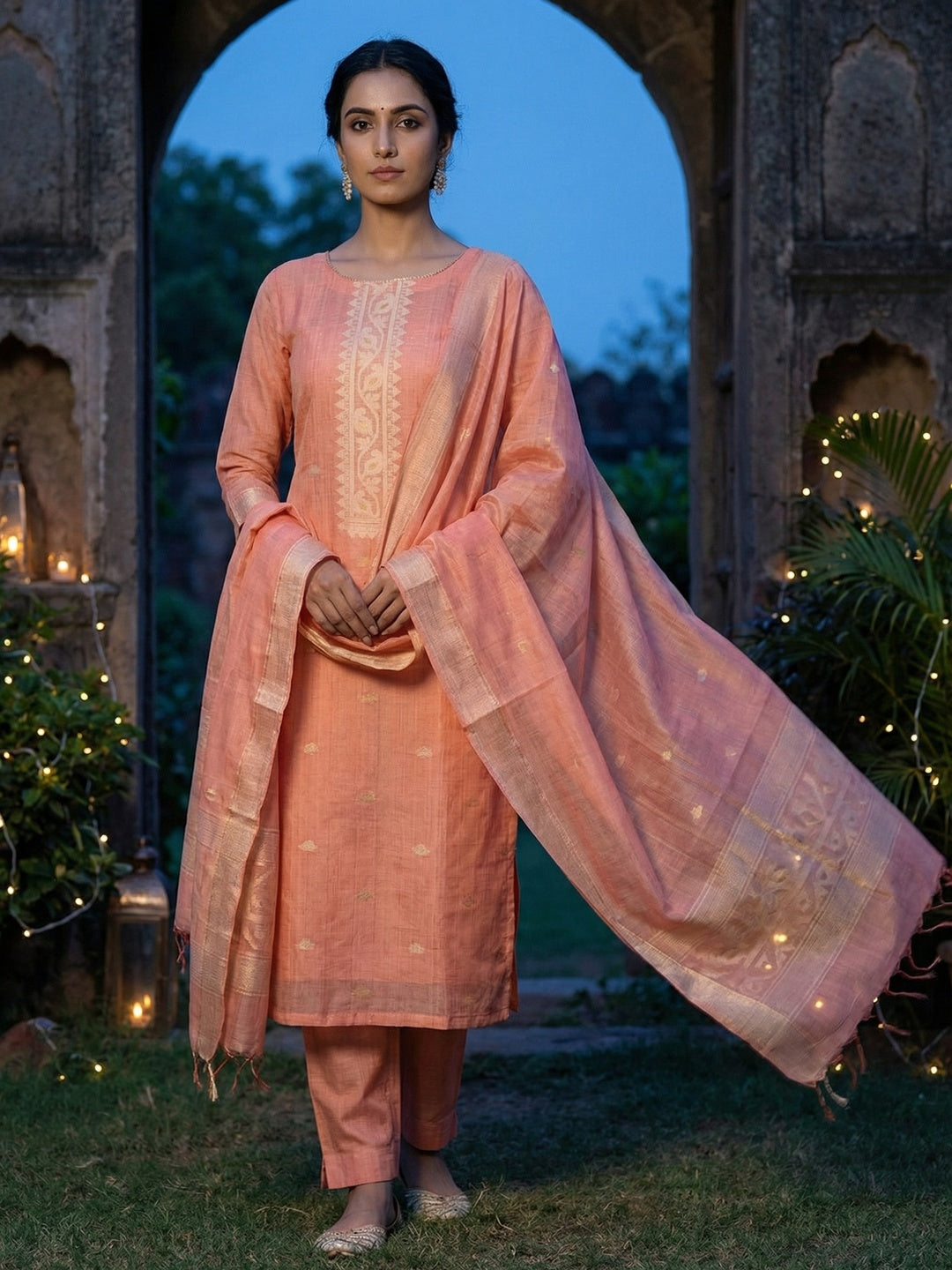 Peach Chanderi Cotton Dress Material Featuring Detailed Woven Design - Image 1