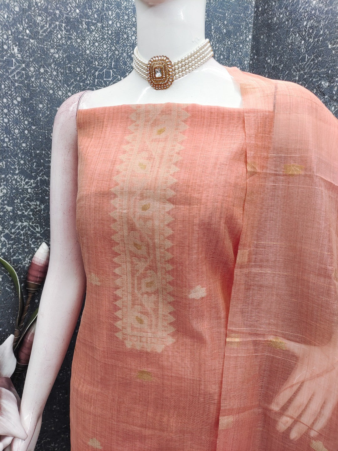 Peach Chanderi Cotton Dress Material Featuring Detailed Woven Design - Image 3