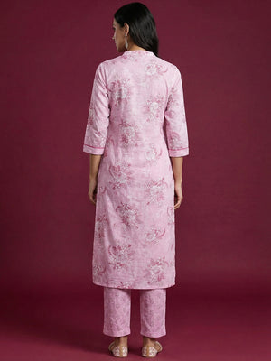 Pink Floral Printed Pure Cotton Salwar Suit Set with Breathable Fabric Feel and Printed Dupatta - Image 2