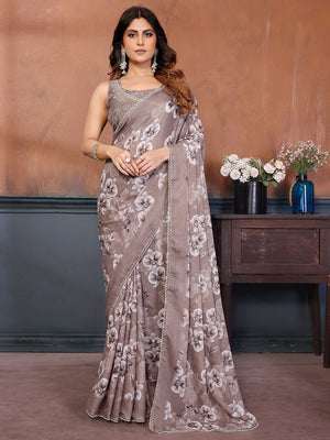 Elegant Brown Floral Printed Georgette Saree Enhanced With Delicate Lace Border Work - Image 2