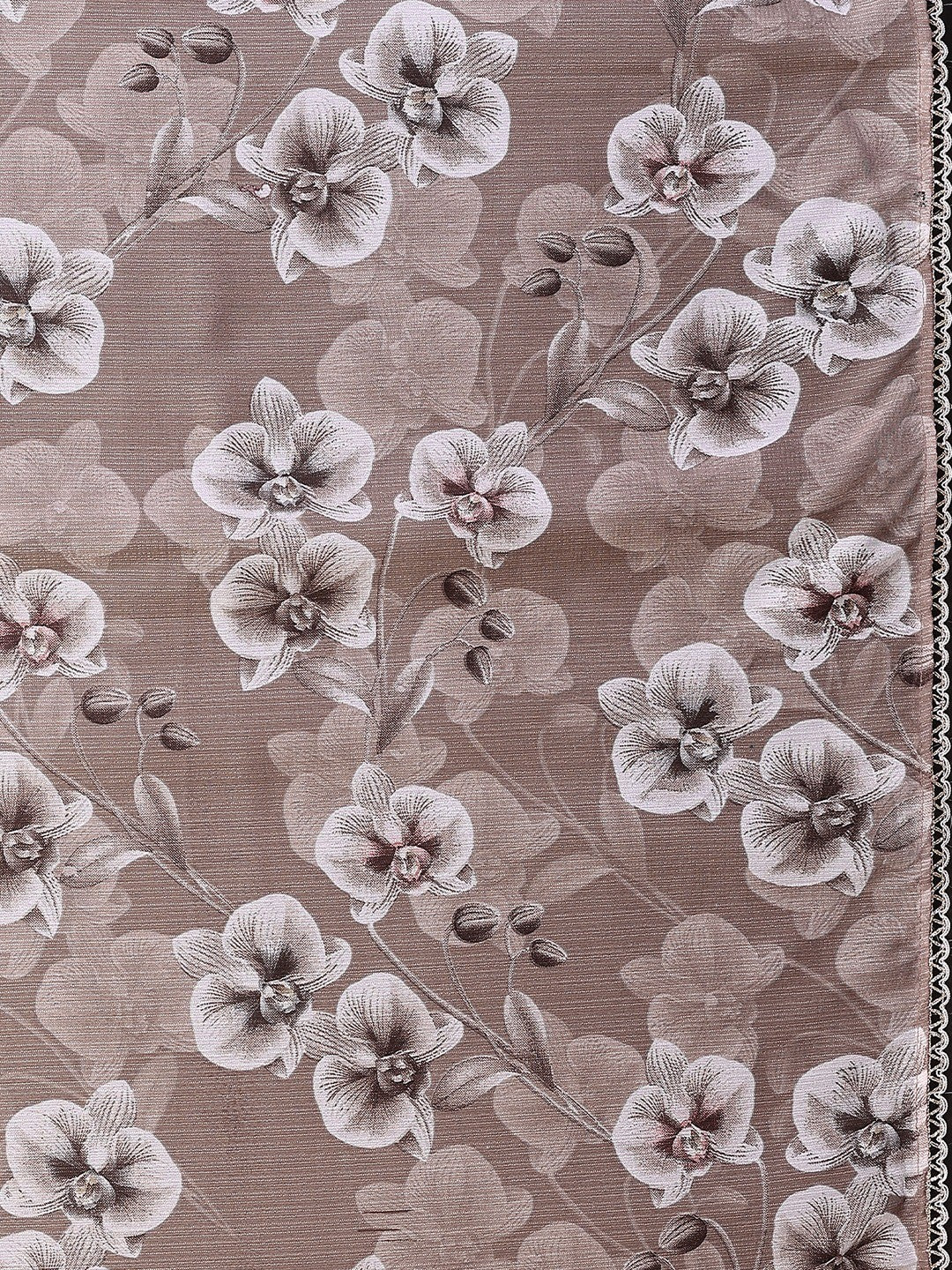 Elegant Brown Floral Printed Georgette Saree Enhanced With Delicate Lace Border Work - Image 7
