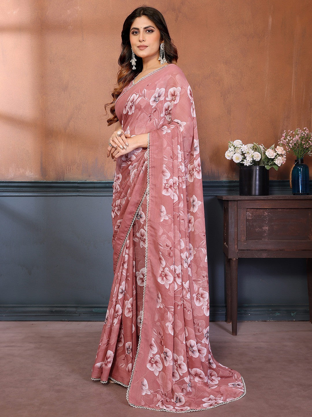 Elegant Dusty Rose Pink Floral Printed Georgette Saree Enhanced With Delicate Lace Border Work - Image 3