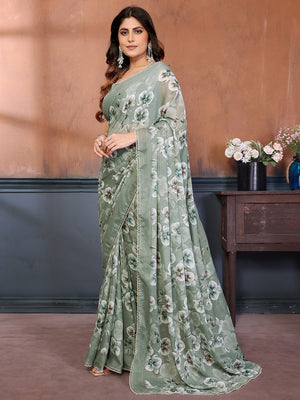 Elegant Green Floral Printed Georgette Saree Enhanced With Delicate Lace Border Work - Image 2