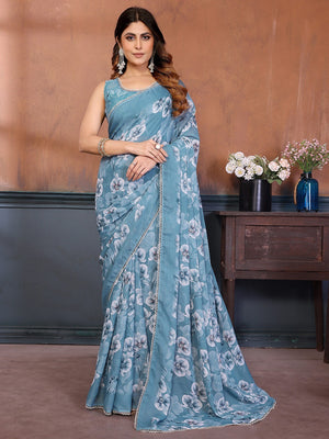 Elegant Sky Blue Floral Printed Georgette Saree Enhanced With Delicate Lace Border Work - Image 1