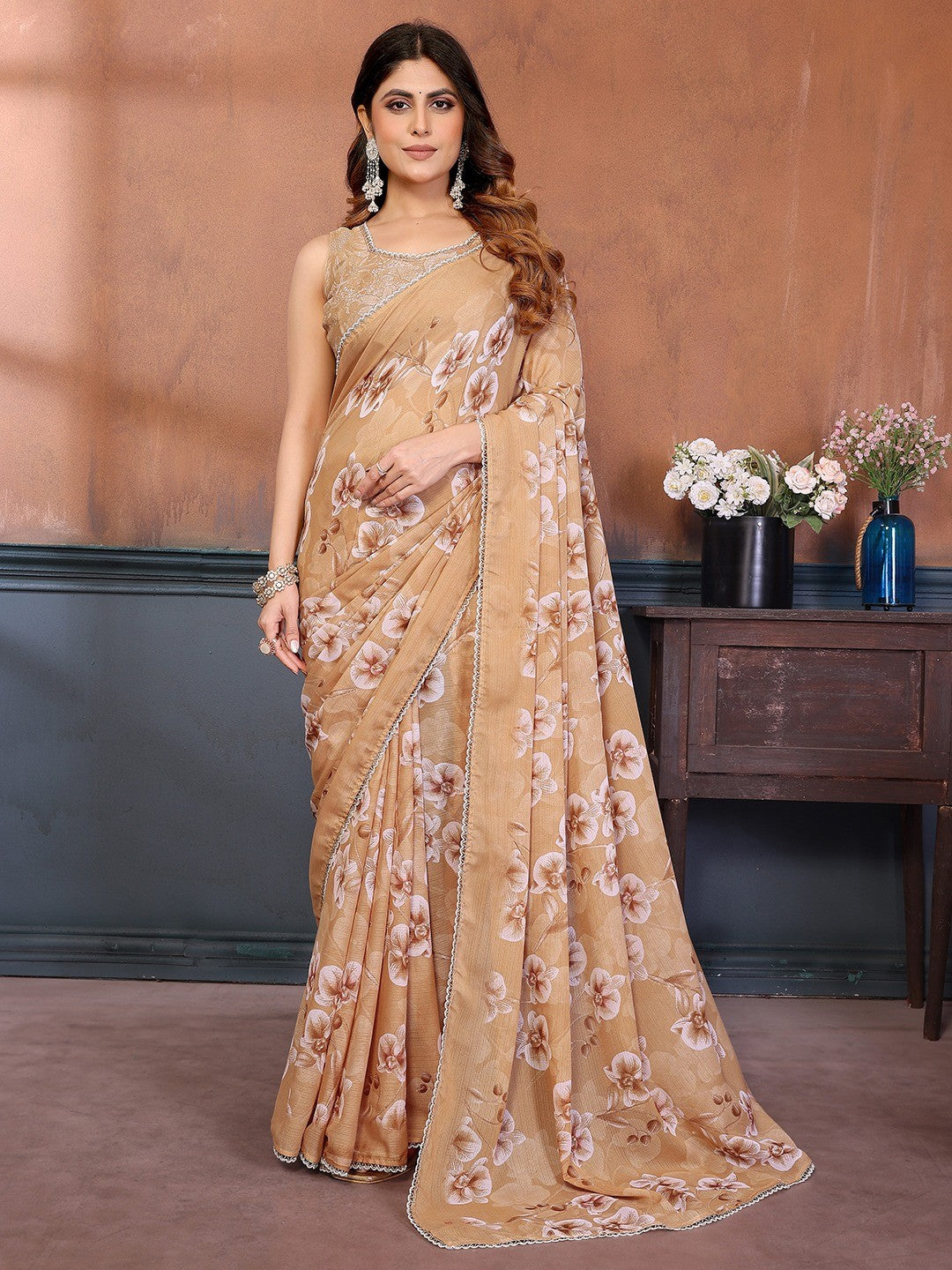 Elegant Mustard Floral Printed Georgette Saree Enhanced With Delicate Lace Border Work - Image 1