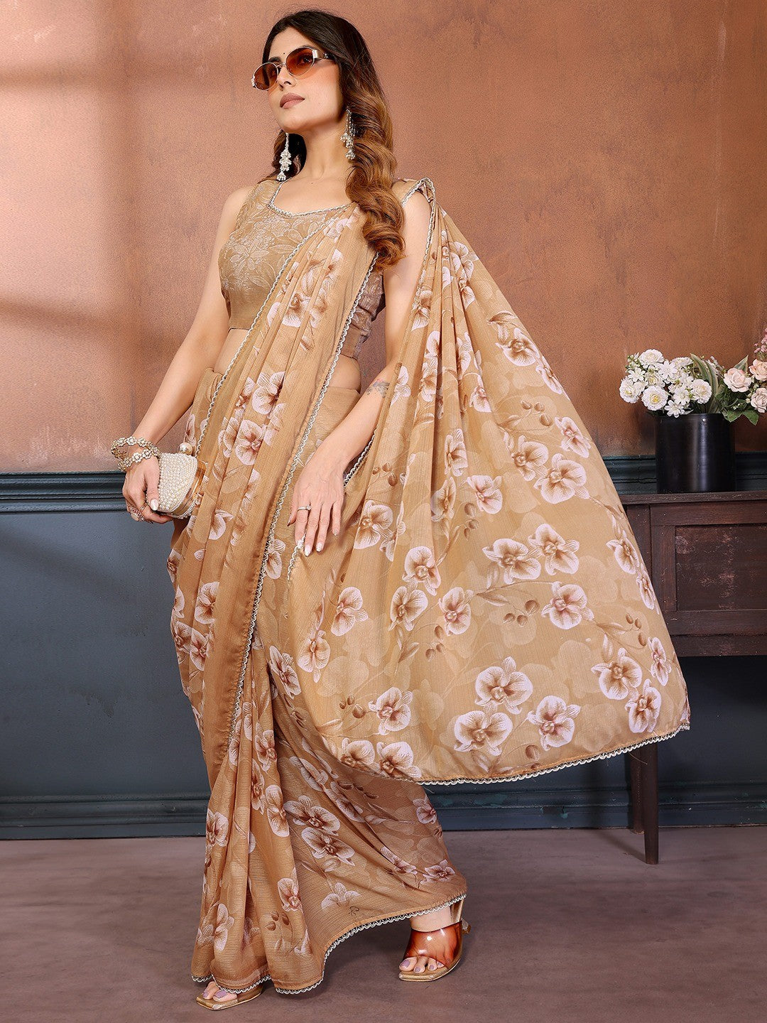 Elegant Mustard Floral Printed Georgette Saree Enhanced With Delicate Lace Border Work - Image 2