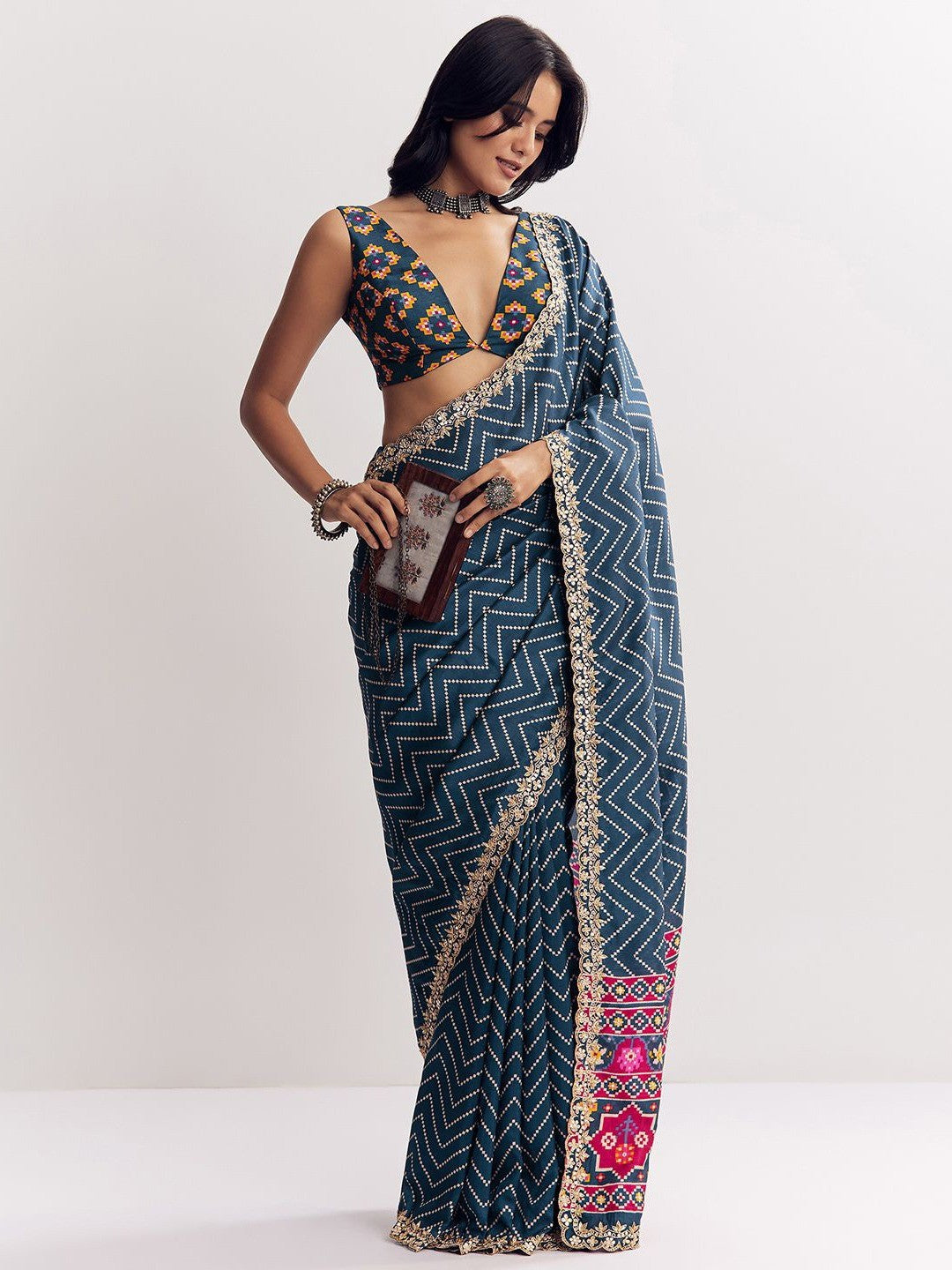 Classic Blue Zig Zag Printed Manipuri Silk Blend Saree Accented With Embroidered Lace Border - Image 5
