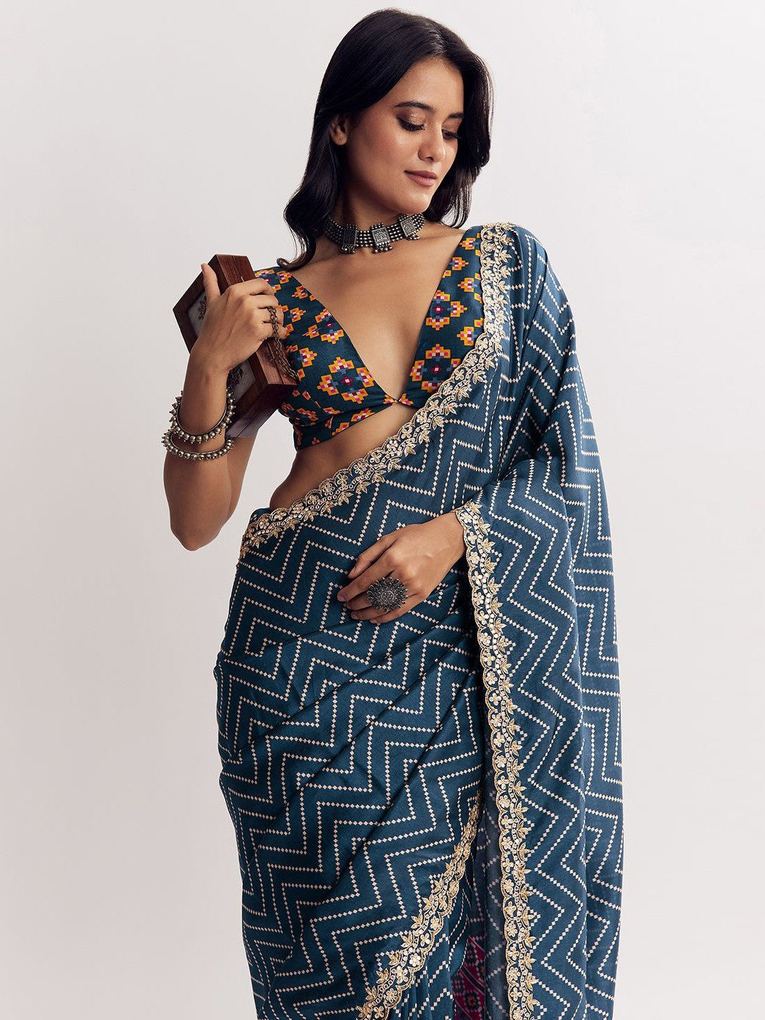 Classic Blue Zig Zag Printed Manipuri Silk Blend Saree Accented With Embroidered Lace Border - Image 2