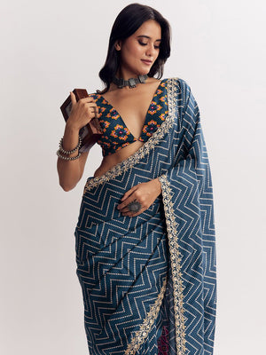 Classic Blue Zig Zag Printed Manipuri Silk Blend Saree Accented With Embroidered Lace Border - Image 2