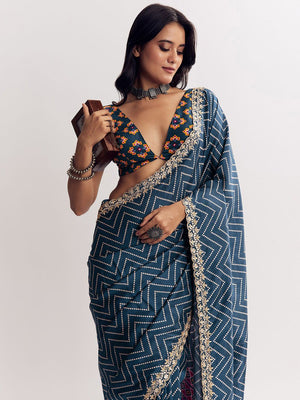 Classic Blue Zig Zag Printed Manipuri Silk Blend Saree Accented With Embroidered Lace Border - Image 2