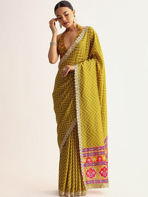 Classic Mustard Zig Zag Printed Manipuri Silk Blend Saree Accented With Embroidered Lace Border - Image 2