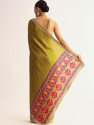 Classic Mustard Zig Zag Printed Manipuri Silk Blend Saree Accented With Embroidered Lace Border - Image 2